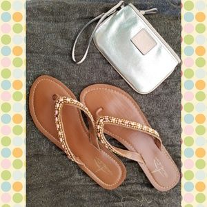 DONATED  Blue Fin Coral and Gold Beaded Flip Flops